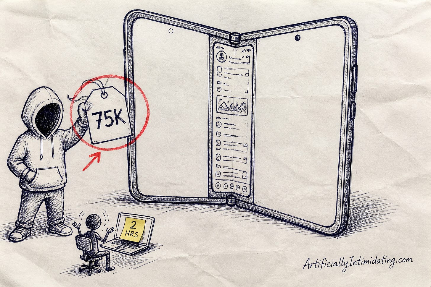 A giant foldable phone with a tiny cramped app in its center and empty bands on both sides, a hoodie-wearing founder holding a 75K price tag, and a small developer at a laptop with a sticky note reading 2 HRS. A giant foldable phone with a tiny cramped app in its center and empty bands on both sides, a hoodie-wearing founder holding a 75K price tag, and a small developer at a laptop with a sticky note reading 2 HRS.