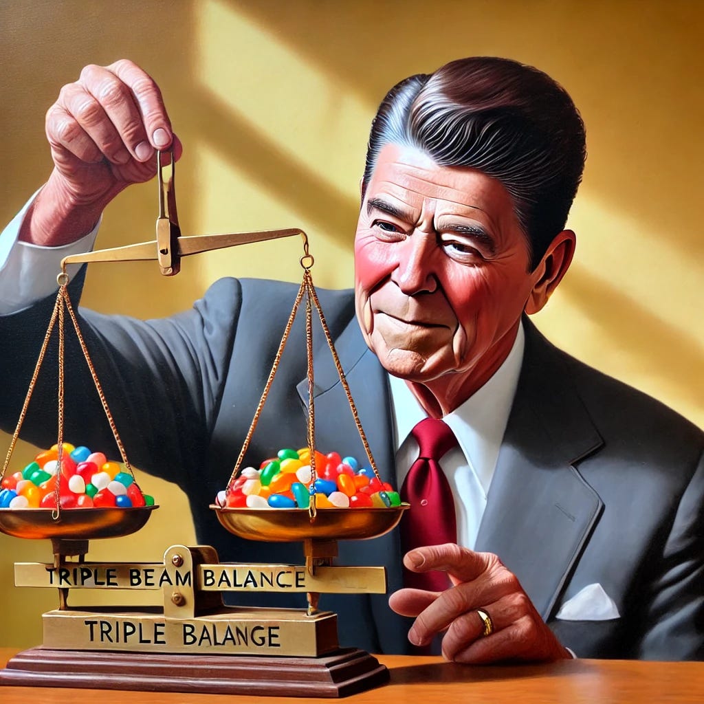 A realistic painting of Ronald Reagan carefully placing jellybeans on a triple beam balance scale, ensuring the weights are even. He has a focused expression, dressed in a suit, in a warm, well-lit office setting. The jellybeans are colorful and neatly arranged on the scale. The scene captures a nostalgic and slightly humorous moment.