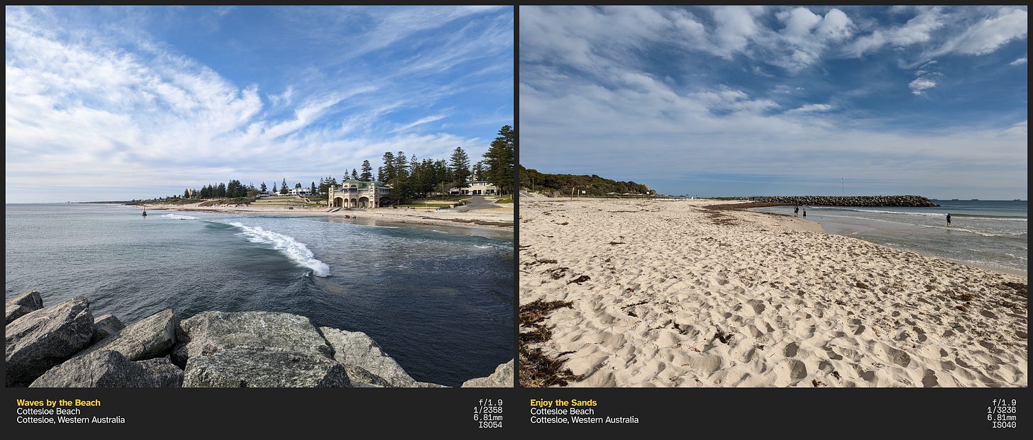 Left: A wave approaches a beach. On the beach are a few buildings and a group of people. At the bottom of the photo are rocks; Right: The light brown sands of the beach with the ocean to the right. A small group of people can also be seen