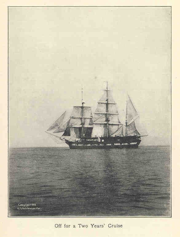 Black and white image of a whaling ship sailing on a calm sea