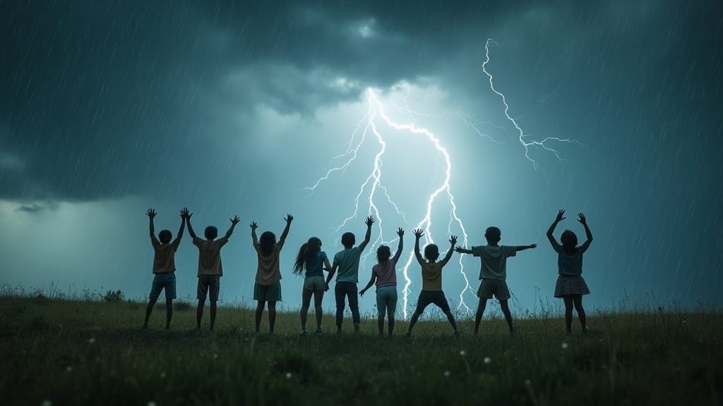ultra-realistic photo, highest resolution, a larger family with many children joyful playing about in a lightning storm,...