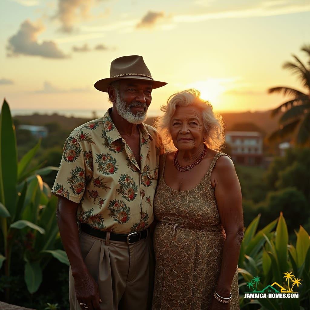 Regal elderly Jamaican couple, dressed in elegant island attire, standing together, surveying their lush Caribbean land, about to sign the papers to sell their cherished property, amidst the warm, golden light of a Jamaican sunset, with a hint of melancholy in their eyes, surrounded by the lush greenery of the island, with a few wispy clouds drifting lazily across the sky, as if mirroring the couple's nostalgic gaze, cinematic lighting casting a warm glow on their weathered faces