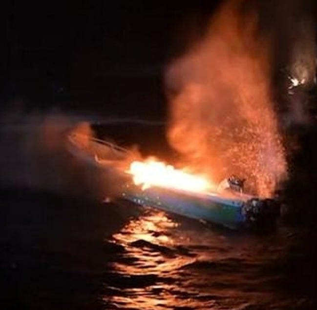 A cartel cocaine smuggling boat is set ablaze by gunfire after its crew and drug load were taken into custody by the US Coast Guard. A cartel cocaine smuggling boat is set ablaze by gunfire after its crew and drug load were taken into custody by the US Coast Guard.