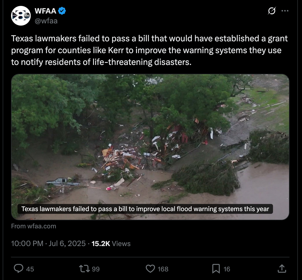 WFAA tweet: Texas lawmakers failed to pass a bill that would have established a grant program for counties like Kerr to improve the warning systems they use to notify residents of life-threatening disasters. WFAA tweet: Texas lawmakers failed to pass a bill that would have established a grant program for counties like Kerr to improve the warning systems they use to notify residents of life-threatening disasters.