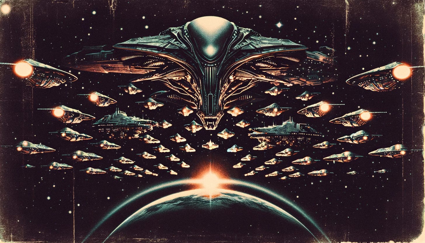 An image resembling a scene from a vintage 1980s low-budget movie, depicting a hostile alien invasion fleet heading towards Earth. The image is intentionally grainy and has the aesthetic of old film quality, similar to classic sci-fi movies. The alien fleet is composed of various ominous, sleek, and futuristic spacecraft, each with a unique, menacing design, featuring sharp angles and glowing elements. The background is a dark, star-filled space, with Earth visible as a small, distant orb. The overall color palette is slightly faded and the image has visible noise and grain, enhancing the retro, low-budget film feel. An image resembling a scene from a vintage 1980s low-budget movie, depicting a hostile alien invasion fleet heading towards Earth. The image is intentionally grainy and has the aesthetic of old film quality, similar to classic sci-fi movies. The alien fleet is composed of various ominous, sleek, and futuristic spacecraft, each with a unique, menacing design, featuring sharp angles and glowing elements. The background is a dark, star-filled space, with Earth visible as a small, distant orb. The overall color palette is slightly faded and the image has visible noise and grain, enhancing the retro, low-budget film feel.