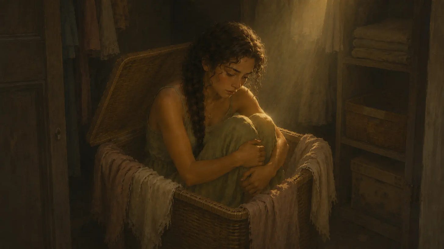 Latina young woman sits curled inside a wicker laundry hamper in a dim closet, hugging her knees as warm light cuts through the darkness around her. Latina young woman sits curled inside a wicker laundry hamper in a dim closet, hugging her knees as warm light cuts through the darkness around her.