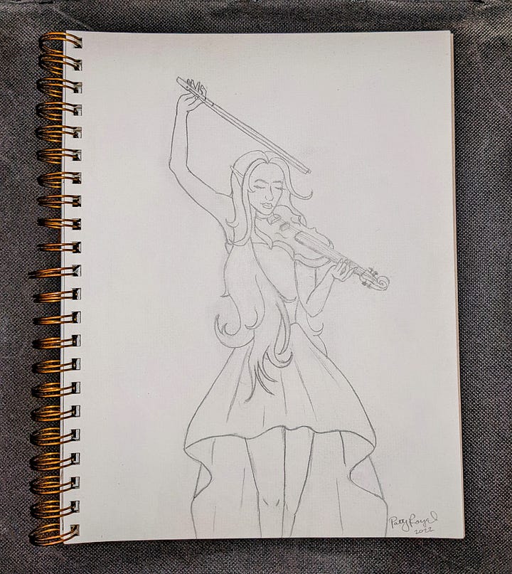 An elf woman playing a violin. pencil drawing by Patricia JL of the book cover Ravage of revenants by Christine rains.