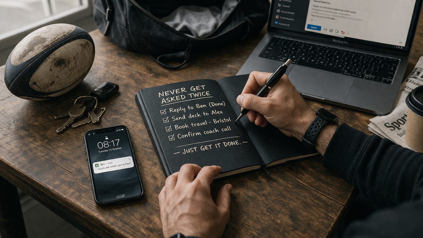 man's hands writing in a notebook on a desk with a rugby ball man's hands writing in a notebook on a desk with a rugby ball