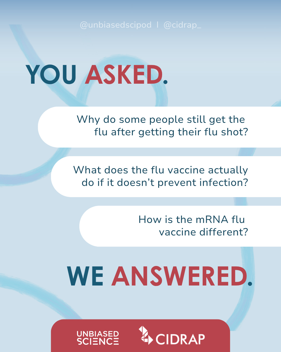 Blue background with three questions in speech bubbles that say "You Asked, We Answered": 1) Why do some people still get the flu after getting their flu shot? 2) What does the flu vaccine actually do if it doesn't prevent infection? 3) How is the mRNA flu vaccine different? Unbiased Science and CIDRAP logos shown at the bottom.