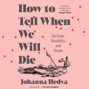 The audiobook cover of How To Tell When We Will Die. It's pink with red stars and a small anatomical illustration at the bottom.