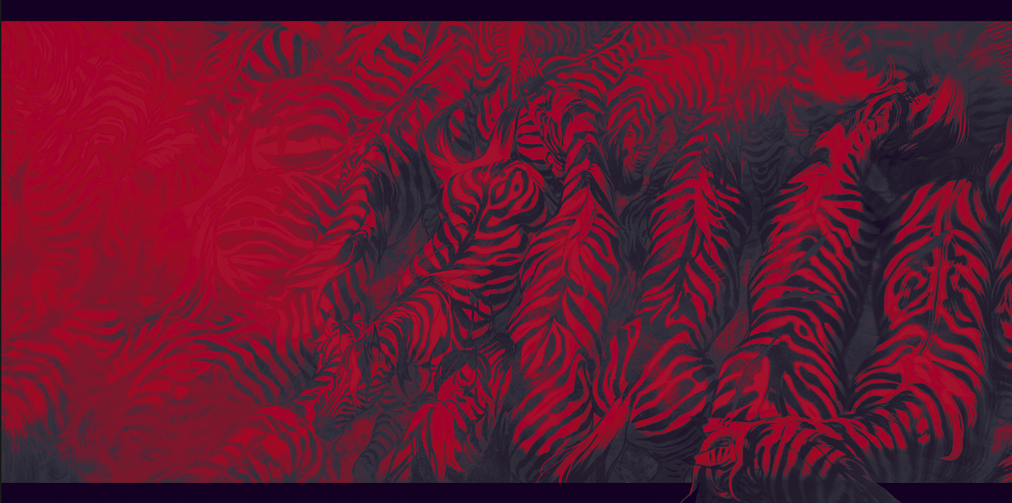 dark fantasy illustration by D.S.Black (Deadstar) of stylized zebras with monochromatic red filter throughout, chosen to be representative of how pervasive the anti-thesis of the essay is in creatives.