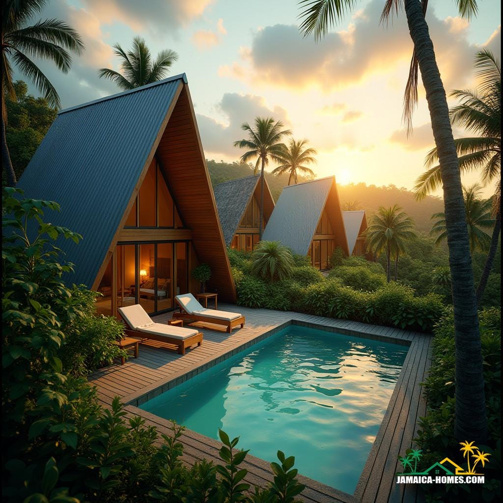 Modern A-frame lodges nestled in the lush hills of Kingston, Jamaica, with a crystal-clear swimming pool as the centerpiece, basking in the warm golden light of a Caribbean sunset. Shot on a virtual V-Raptor XL camera, the scene is infused with a subtle film grain and a hint of vignette, as if plucked straight from a 35mm film reel.
