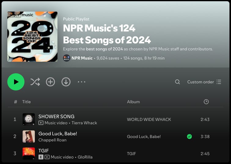 Screenshot of NPR's 124 Best Songs of 2024 Playlist in the Spotify player. Screenshot of NPR's 124 Best Songs of 2024 Playlist in the Spotify player.