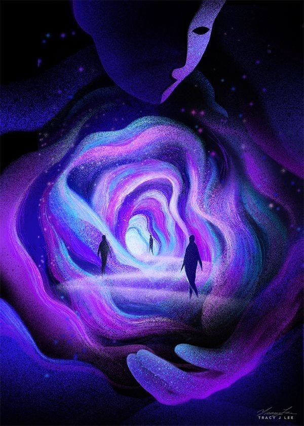 This may contain: two people standing in the middle of a purple and blue vortex with stars on it