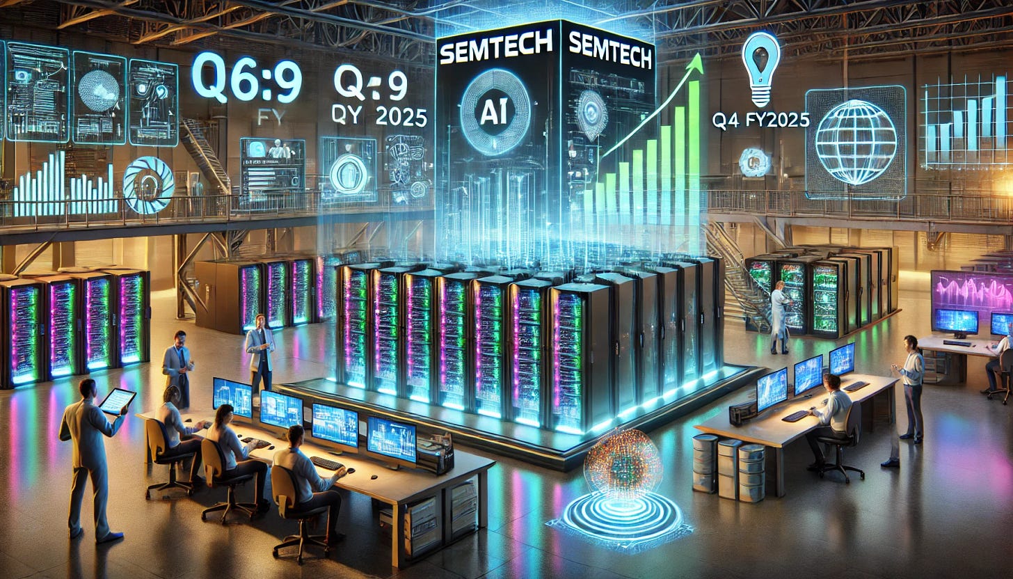 A 16:9 futuristic illustration showcasing Semtech’s advancements in data centers and IoT innovation. The scene features a high-tech Semtech-branded data center with glowing server racks processing AI-driven workloads. Smart IoT devices, connected by a vibrant data network, symbolize the company’s expansion in connectivity solutions. Holographic financial charts highlight Q4 FY2025 earnings, improved margins, and a growing customer pipeline. Engineers and AI-driven systems oversee R&D labs, emphasizing Semtech’s investment in next-gen technology. The background includes a futuristic industrial setting, reinforcing the company’s leadership in data and IoT solutions.