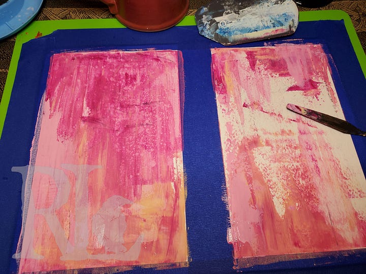 Abstract pink background with purple smudge horses with white speckles.