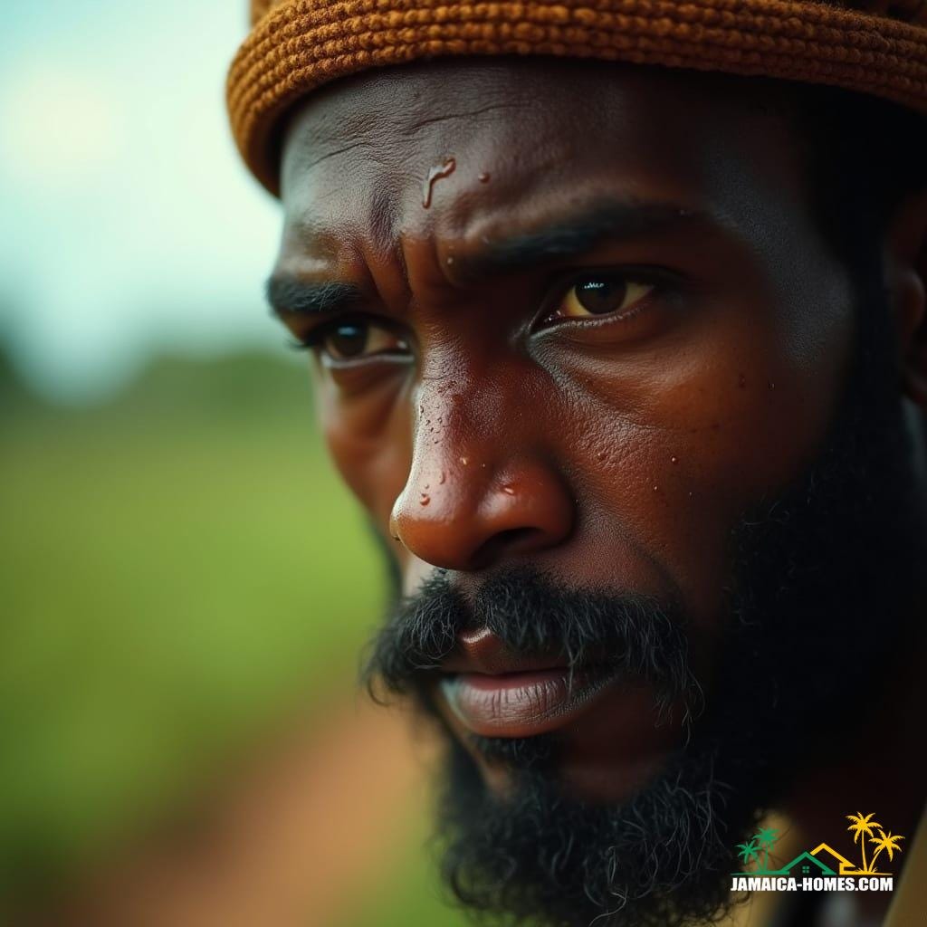 Close-up of a serious Jamaican man's face, sweat beading on his brow as he dips from intense heat, working under the Aril sun. Every detail is in sharp focus, with the vibrant Jamaican landscape visible in the bokeh background. Cinematic film still, shot on v-raptor XL, 35mm film grain, subtle vignette, cinematic color grading, post-processed, dramatic tungsten lighting, live-action, highest quality, atmospheric, a masterpiece, epic lighting, stunning composition.