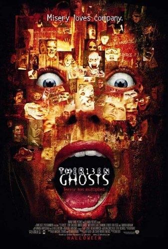 capa do filme 13 fantasmas. É um rosto feminino gritando em close, o rosto composto por várias imagens como uma colagem desconexa em tons de marrom e sépia, são alguns dos fantasmas do filme. Na boca aberta o título thriteen ghosts escrito numa fonte fantasmagórica. Bem filme B. capa do filme 13 fantasmas. É um rosto feminino gritando em close, o rosto composto por várias imagens como uma colagem desconexa em tons de marrom e sépia, são alguns dos fantasmas do filme. Na boca aberta o título thriteen ghosts escrito numa fonte fantasmagórica. Bem filme B.