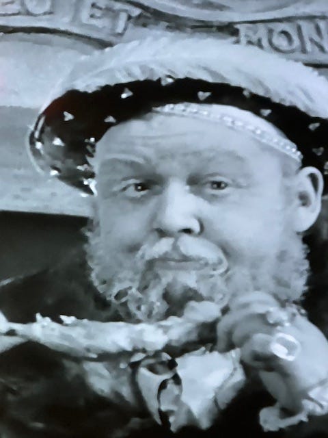 Charles Laughton, making the best facial expression while chowing down on a roast chicken in a scene from The Private Life of Henry VIII Charles Laughton, making the best facial expression while chowing down on a roast chicken in a scene from The Private Life of Henry VIII