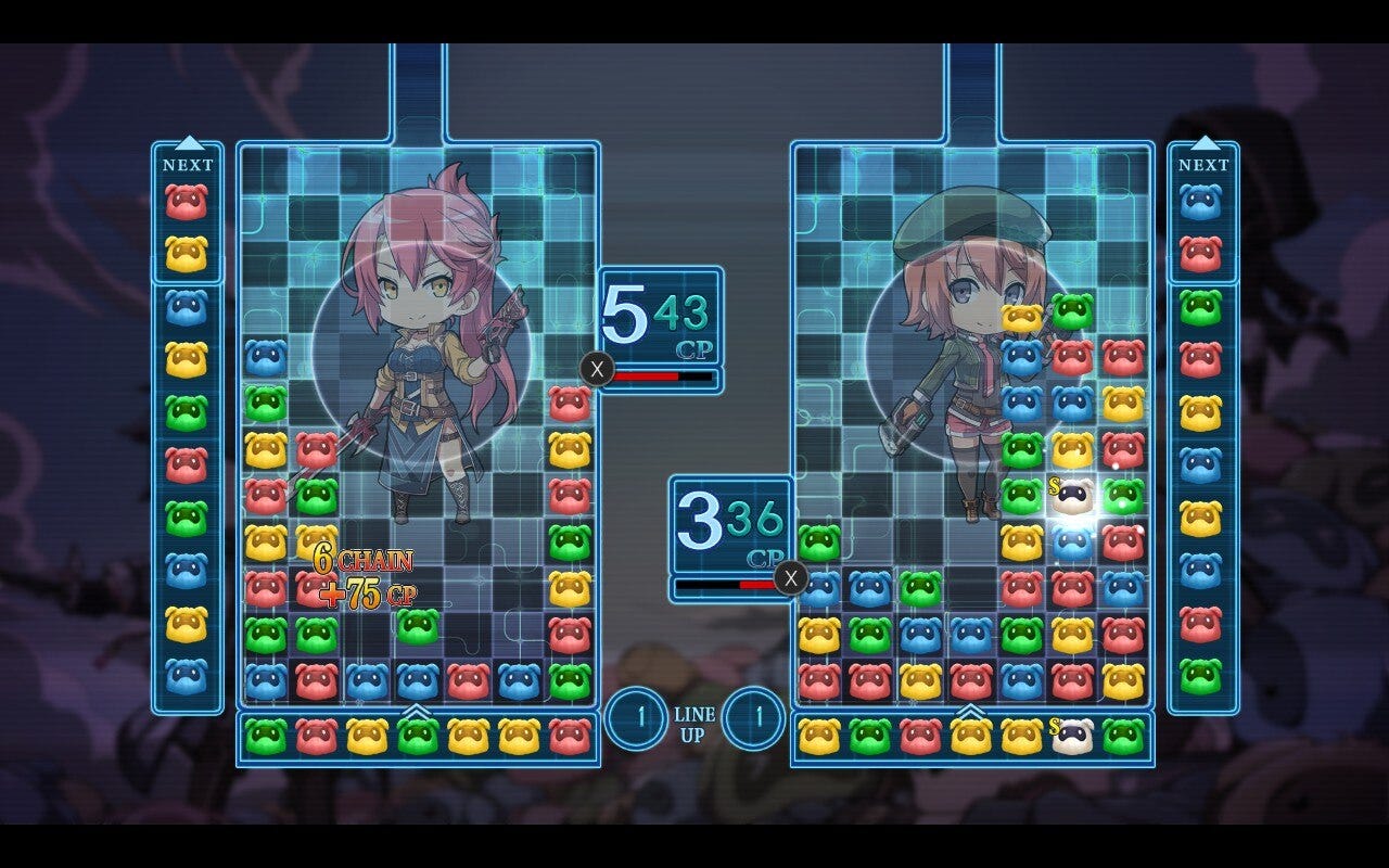 A screenshot of Pom! Pom! Party from Trails in Reverie, with Sara's avatar facing off against Noel's. Sara has just pulled off a "6 chain," which award 75 CP on top of all the CP the previous parts of the chain awarded, leaving her with 543 CP.