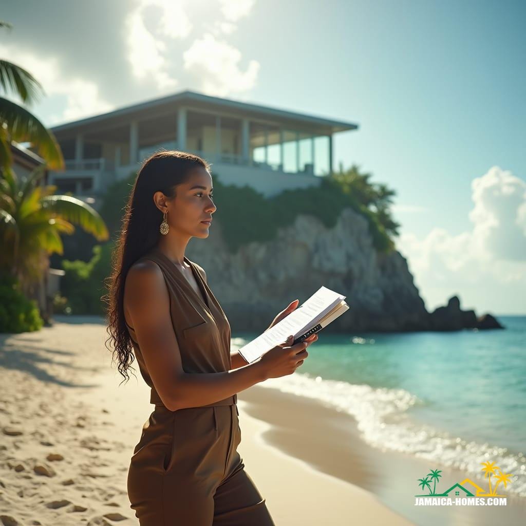 Elegant female agent in a stylish outfit, standing on a pristine Jamaican beach, scrutinizing a sleek modern glass property with a puzzled expression, surrounded by older, more rustic buildings, with one grandiose, double-sized estate looming in the background, casting a long shadow, as she consults a folder and calculator, lost in thought. Soft, warm Caribbean light dances across her face, accentuating her contemplative features.