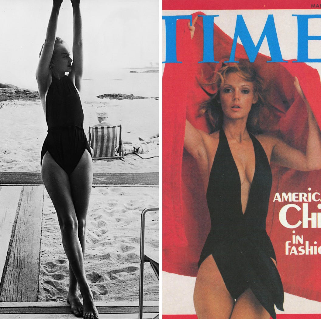 A side-by-side of models wearing swimsuit designs. On the left is Claire McCardell's high-necked version in black jersey with diamond-shaped leg cutouts. On the right is Halston's plunge-neck version worn by a model on the cover of Time Magazine.