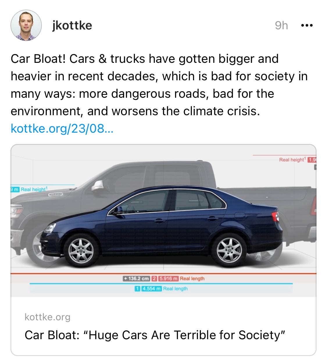 Car Bloat! Cars & trucks have gotten bigger and heavier in recent decades, which is bad for society in many ways: more dangerous roads, bad for the environment, and worsens the climate crisis. kottke.org/23/08… Car Bloat! Cars & trucks have gotten bigger and heavier in recent decades, which is bad for society in many ways: more dangerous roads, bad for the environment, and worsens the climate crisis. kottke.org/23/08…