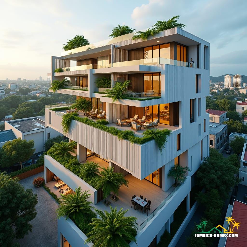 Futuristic co-living space in New Kingston, Jamaica, designed for young professionals. 