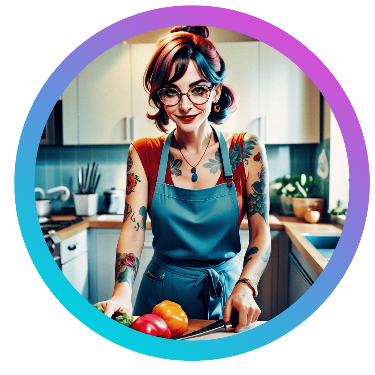 A woman with tattoos preparing food