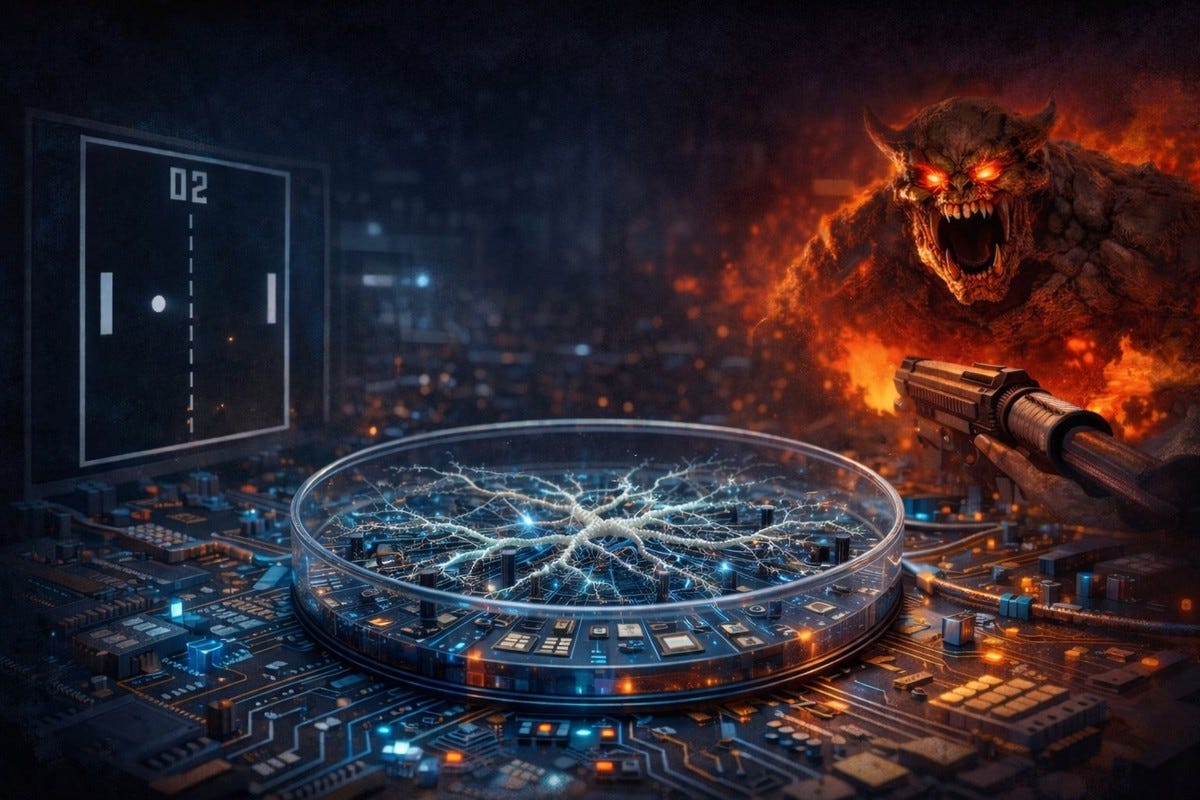 Lab-grown neurons on a silicon chip, with Pong and Doom in the background