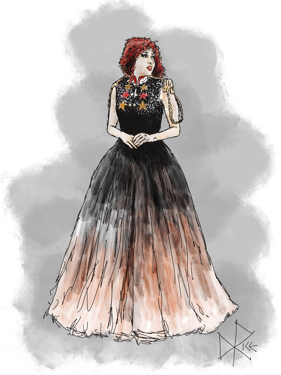 Chappell Roan, standing in a dress with her hands clasped at her waist. Sketch art by Don Rice. Chappell Roan, standing in a dress with her hands clasped at her waist. Sketch art by Don Rice.
