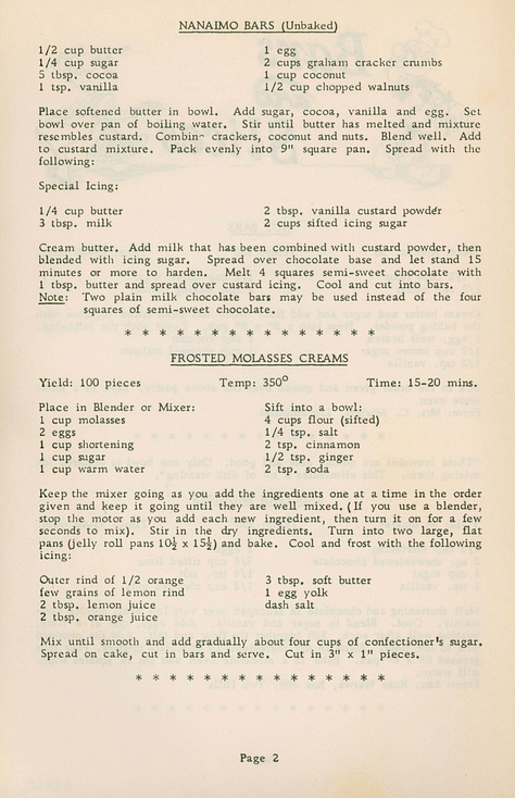 Nanaimo Bar Recipe
Origin: Nanaimo, British Columbia
First Published By: The fictitious Edith Adams in the Edith Adams Prize Cookbook (1952) Image Source: Arca Digital Repository – University of the Fraser Valley
(Arca is a collaborative initiative by British Columbia's post-secondary institutions.)