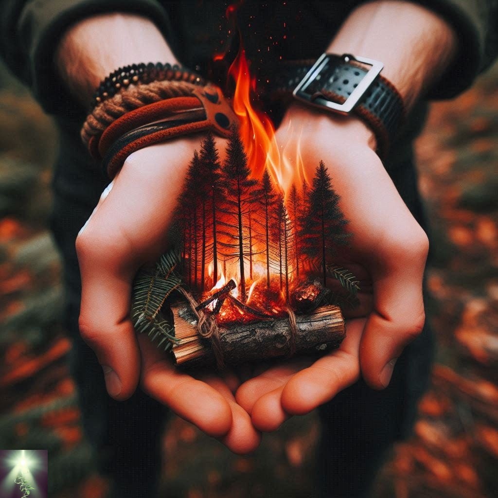 Two hands cupping a forest fire scene.