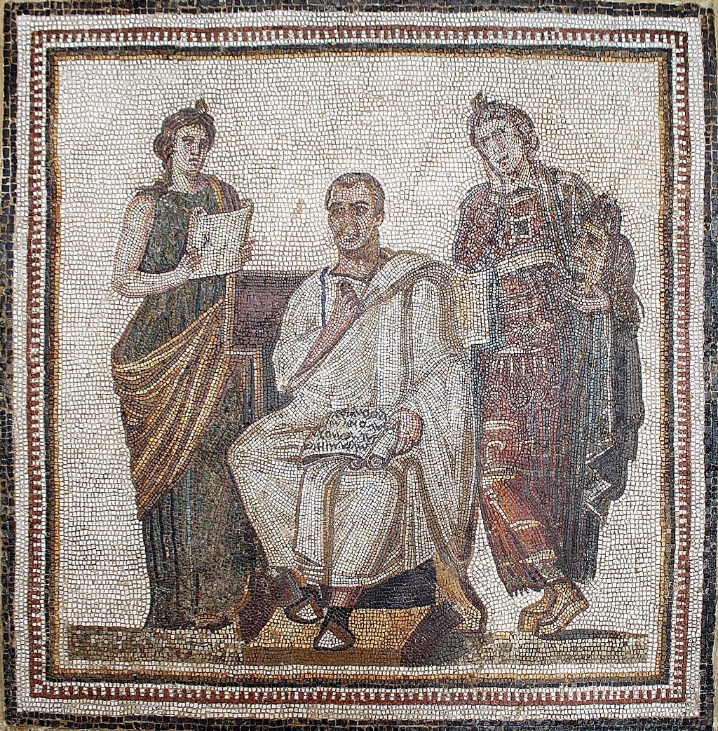 A 3rd-century Roman mosaic of Virgil seated between Clio and Melpomene (from Hadrumetum [Sousse], Tunisia)