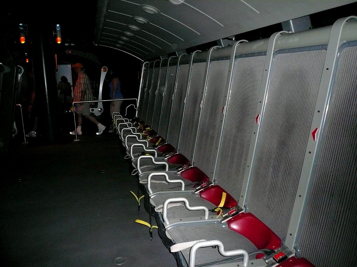 The rows of seats on the original Soarin' ride system at EPCOT in 2008. Image: Michael Gray via Wikimedia Commons
