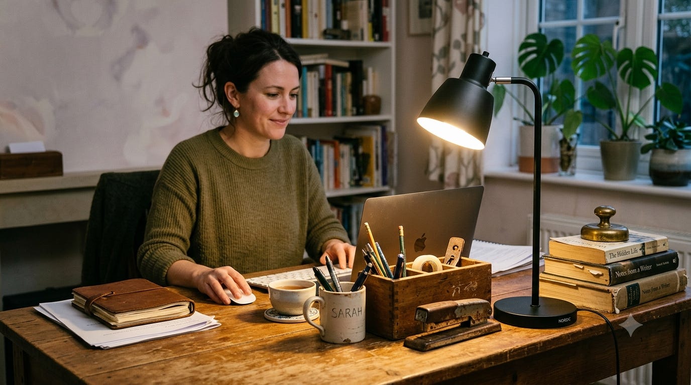 A single new desk lamp glowing next to older desk items, showing the contrast that triggers the urge to replace everything else.