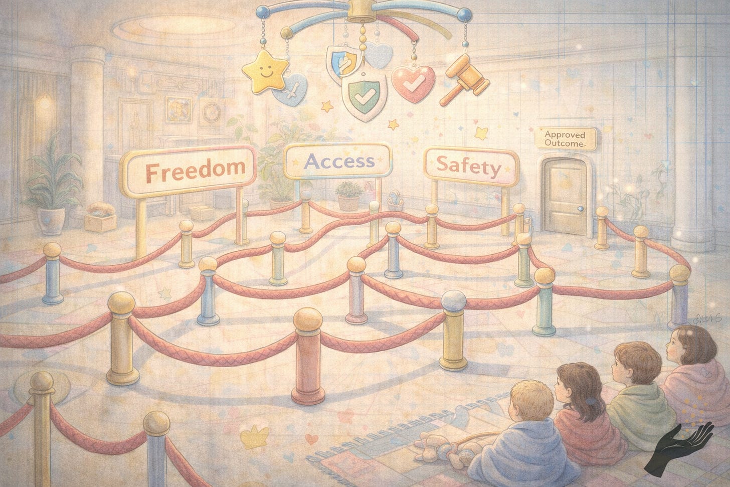 An elegant pastel lobby with velvet ropes forming a maze, overhead nursery icons, and signs for Freedom, Access, and Safety leading to one small door marked Approved Outcome.