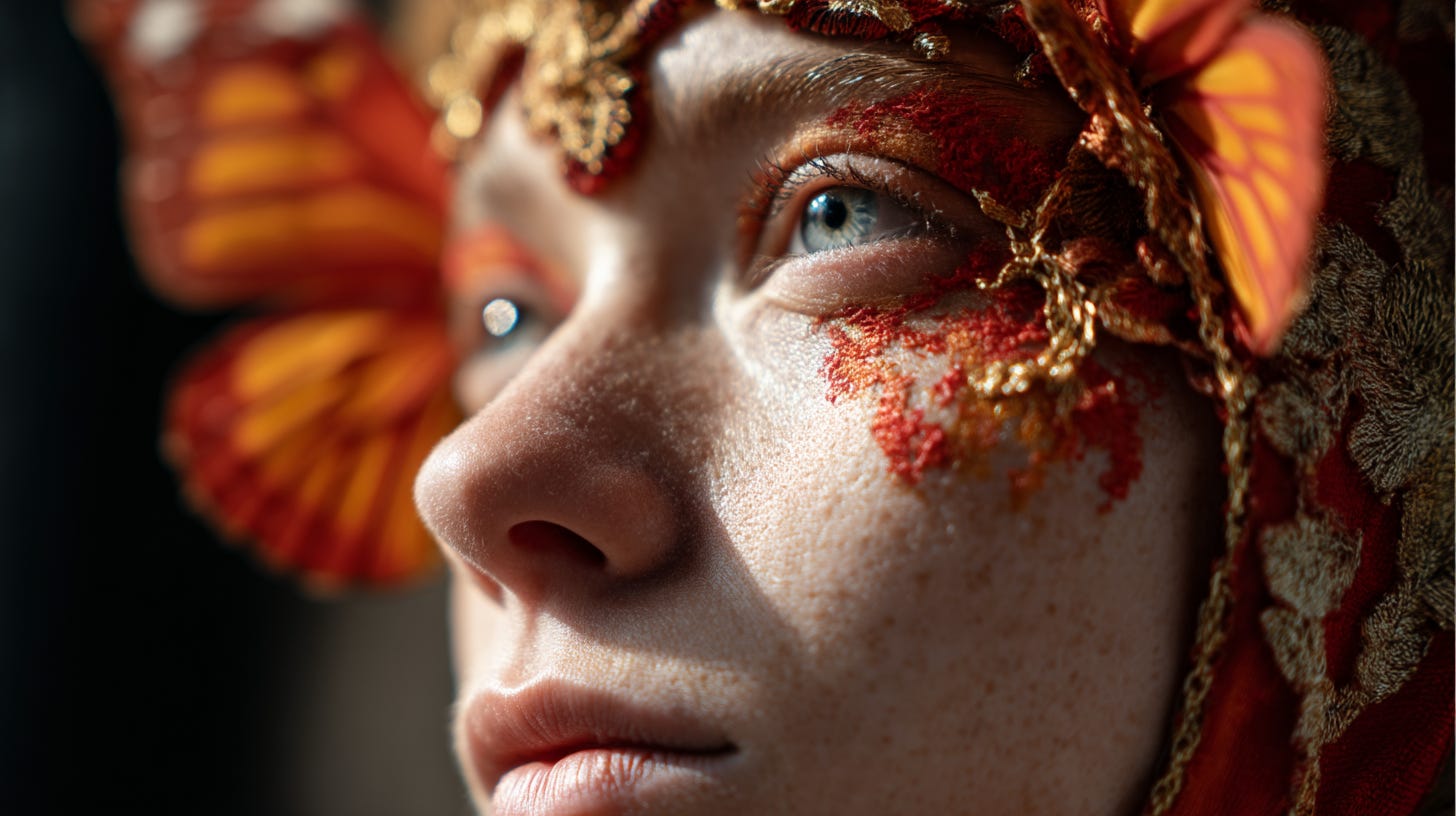 a portrait photograph of a butterfly lady --ar 16:9 --profile 8vp7yun --v 7