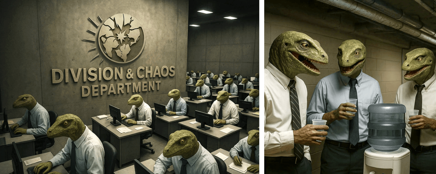 Left: Area 52 underground office with broken Earth logo, “Division & Chaos Department” sign. Right: Reptilians workers taking a break at the water cooler Left: Area 52 underground office with broken Earth logo, “Division & Chaos Department” sign. Right: Reptilians workers taking a break at the water cooler