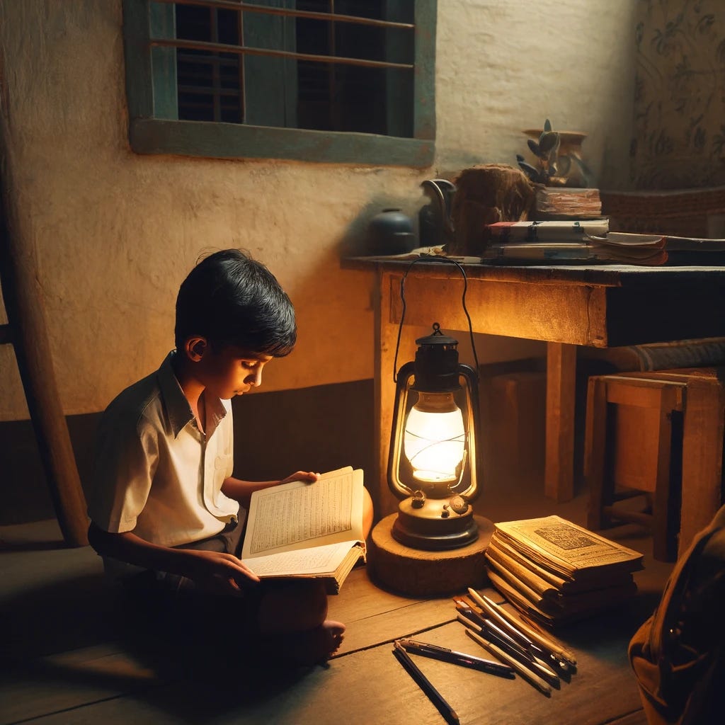 A young Indian boy, around 12 years old, sitting cross-legged on the floor of a small, dimly lit room. He is reading a thick book by the glow of a kerosene lamp. A wooden table nearby is cluttered with old textbooks, pens, and a schoolbag. The room has a rustic feel with simple walls and minimal furnishings, creating a warm and nostalgic atmosphere.