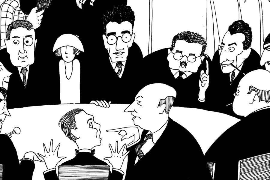 Black‑and‑white caricature showing members of the Algonquin Round Table seated around a crowded table, each rendered with exaggerated features. Figures gesture animatedly as they talk.