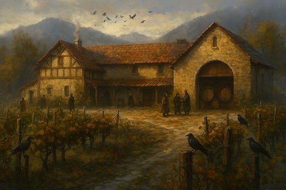 A dark fantasy image of the Wizard of Wines vineyard reclaimed by the Martikov family. The scene shows the sprawling vineyard under a pale dawn sky, mist curling low over rows of budding vines now glowing faintly with restored magic. The main winery building stands sturdy again, its wooden beams repaired, smoke rising gently from the chimney. Ravens perch along the roof and fence posts, their feathers glinting in the morning light, guardians of the land. Martikov family members, cloaked in simple garb with hints of plumage at their shoulders, walk among the vines, tending them with reverence. The atmosphere is one of quiet triumph and renewal, with soft golden light breaking through the mist.