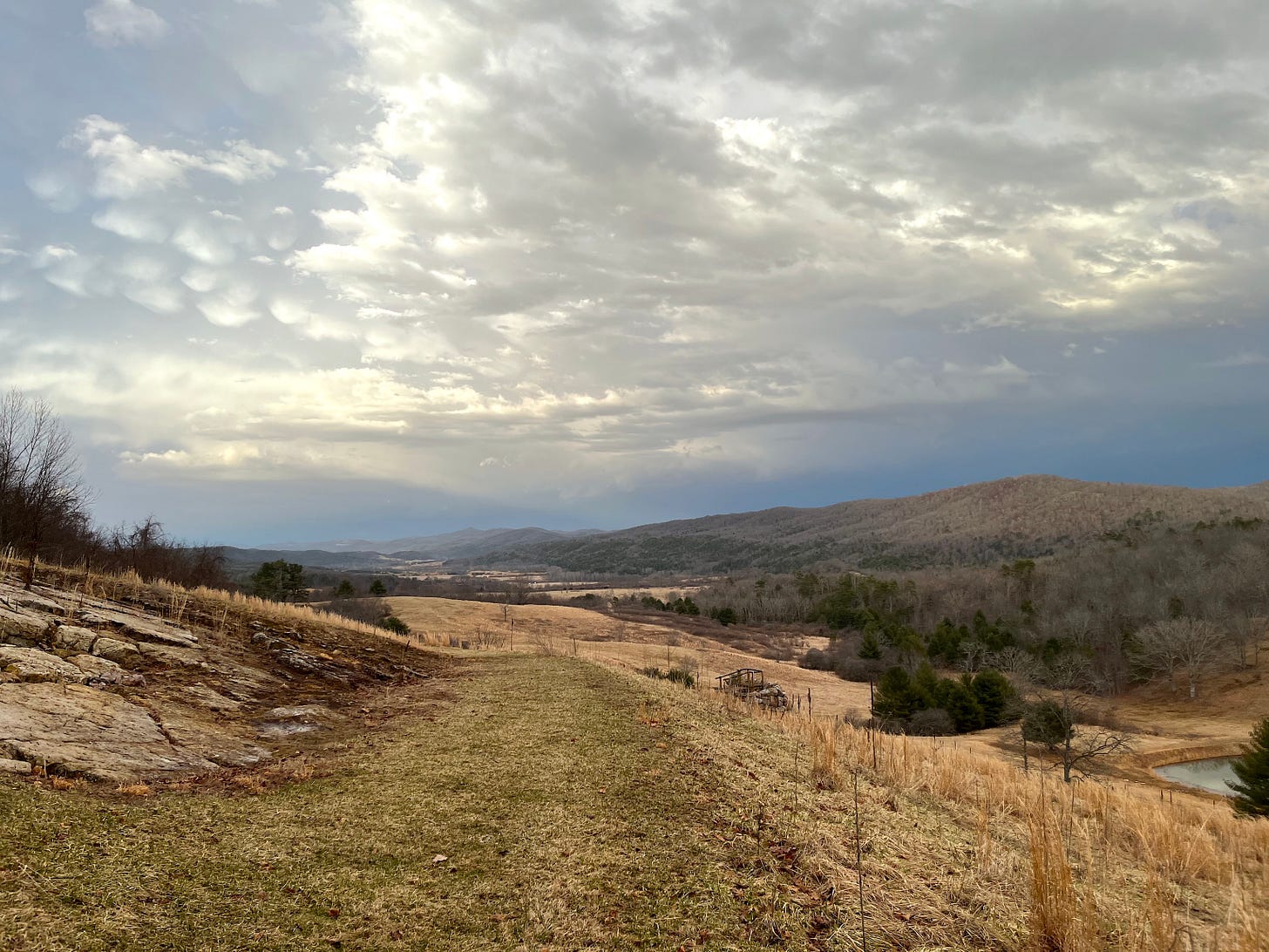 A walking path with green grass, between brown hills, under the blue sky with clouds, in Highland County, VA. There is a small pond in the far right down the hill.