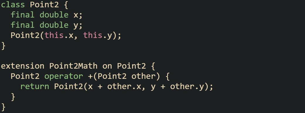 class Point2 {   final double x;   final double y;   Point2(this.x, this.y); }  extension Point2Math on Point2 {   Point2 operator +(Point2 other) {     return Point2(x + other.x, y + other.y);   } }