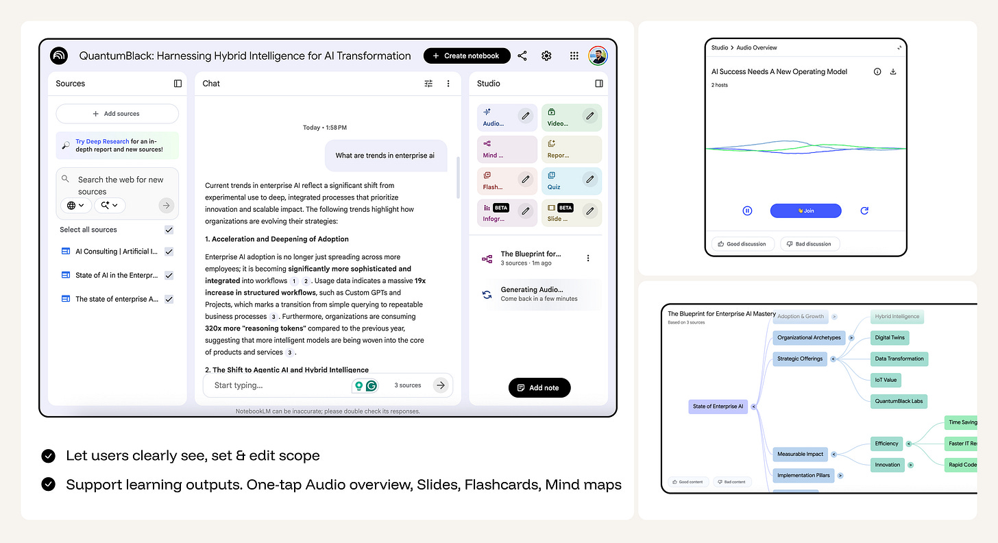 NotebookLM interface showing AI chat, sources, and multiple learning outputs.