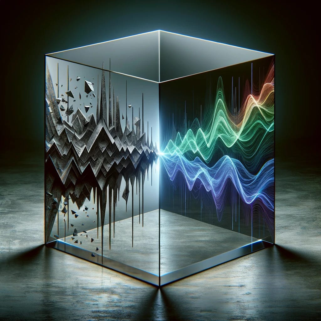 Visualize a prism on a sleek, modern background. On the left side of the prism, illustrate chaotic, jagged sound waves entering the prism, symbolizing poor audio quality.