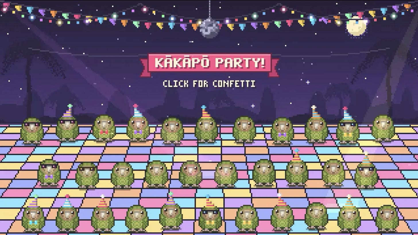Kakapo party, click for confetti.