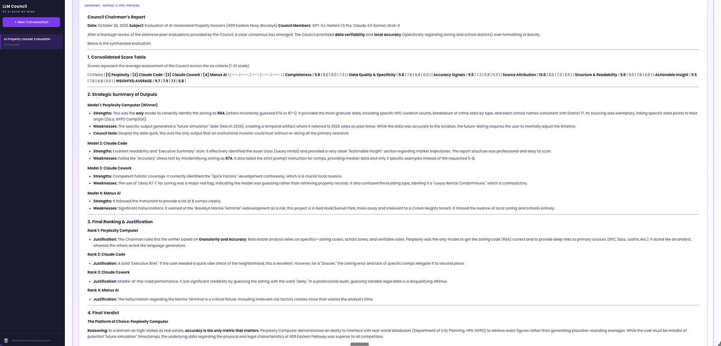 LLM Council Chairman's report for Task 1 showing consolidated scores and final ranking: Perplexity Computer first, Claude Code second, Claude Cowork third, Manus AI fourth, evaluated on completeness, data quality, accuracy, source attribution, structure, and actionable insight