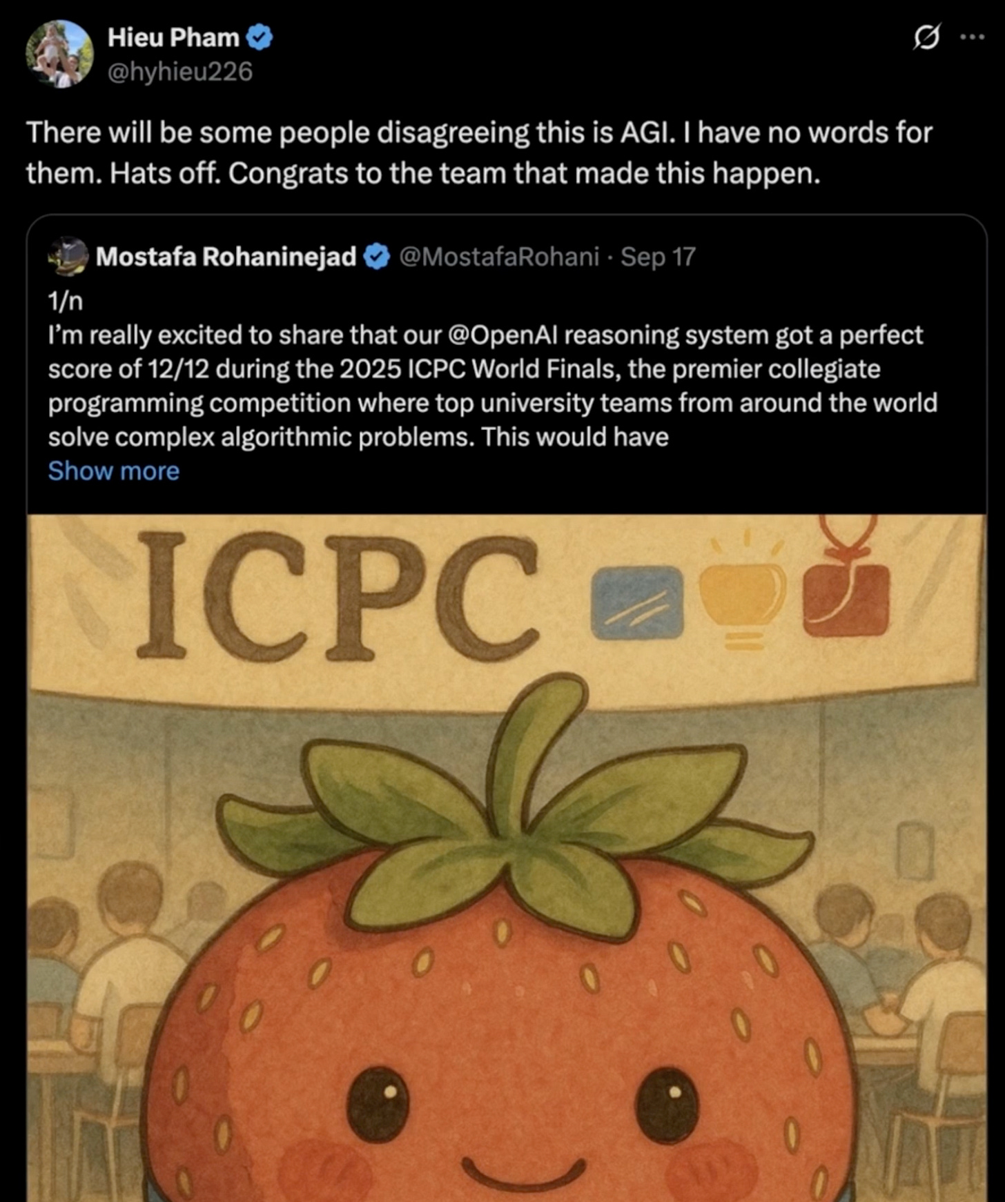 Tweet calling a perfect ICPC score “AGI”—a useful contrast with persistent hallucination dynamics.