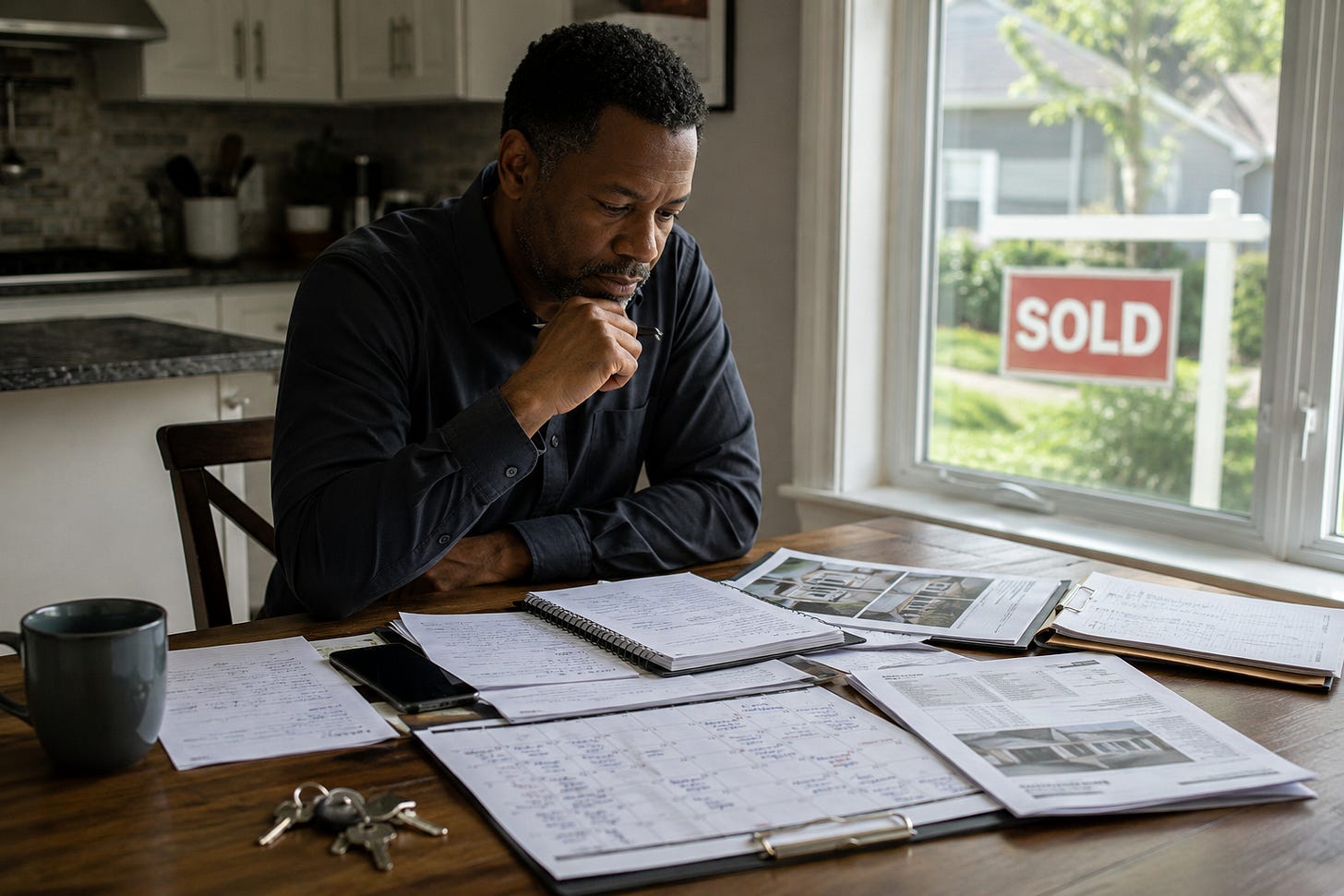 A real estate professional sits at a kitchen table covered with keys, transaction documents, notes, and an inspection report while a sold sign is visible through a nearby window. A real estate professional sits at a kitchen table covered with keys, transaction documents, notes, and an inspection report while a sold sign is visible through a nearby window.